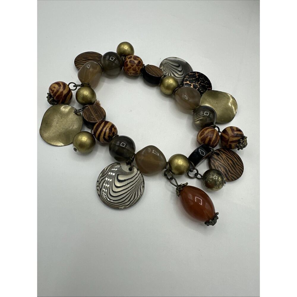 VTG Beaded Stretch Bracelet Dangle Bead Rustic Boho Green Brown Costume Jewelry